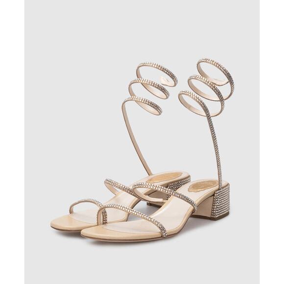 René Caovilla Cleo 40mm Crystal-Embellished Sandals Beige Women's Size EU 38 - Picture 1 of 8